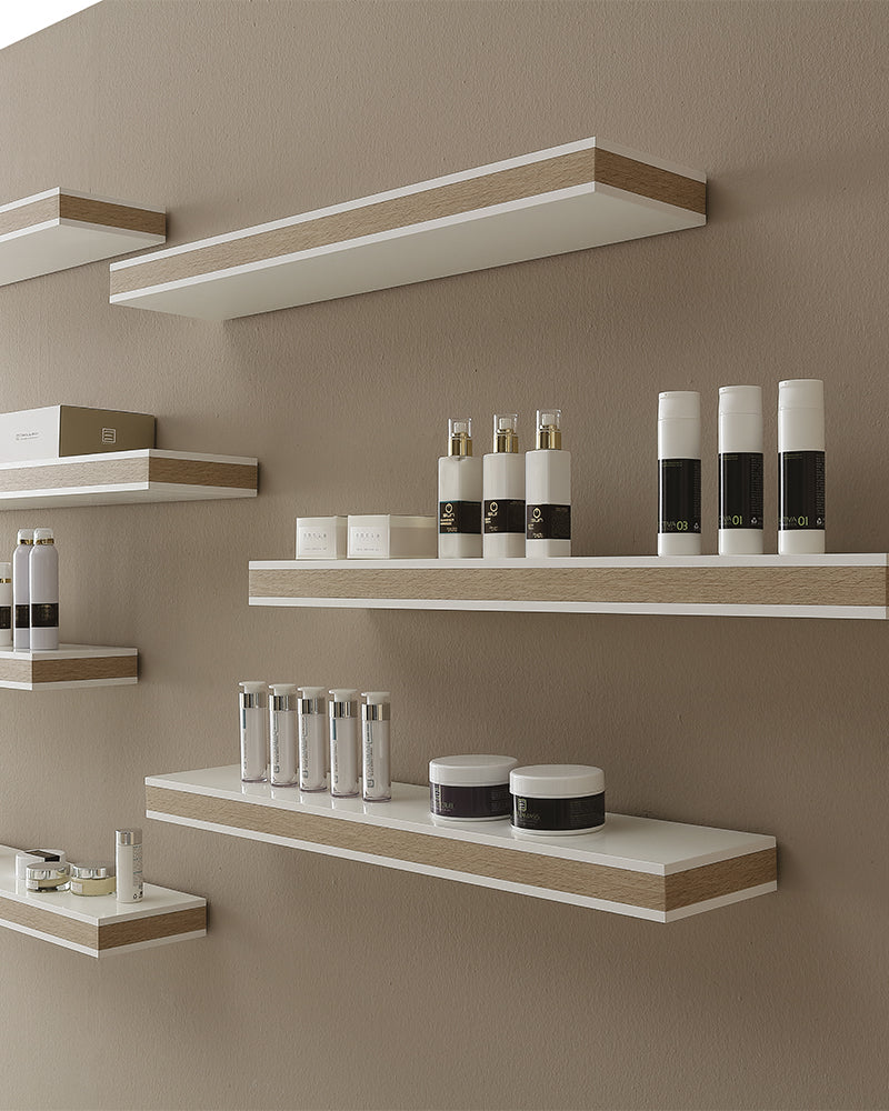 Stratos - White sales shelf - Edge in oak pattern