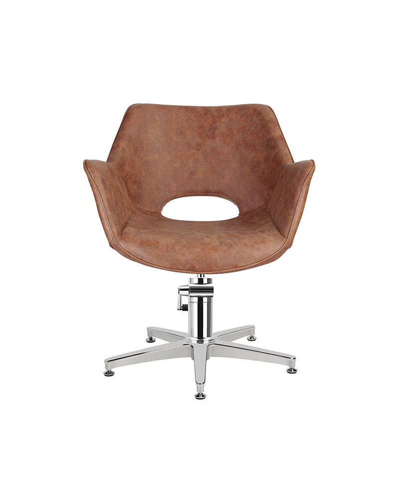 Chloe Tan - Brown hairdressing chair - Chrome cross base