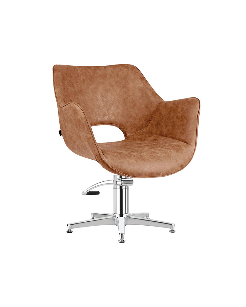 Chloe Tan - Brown hairdressing chair - Chrome cross base