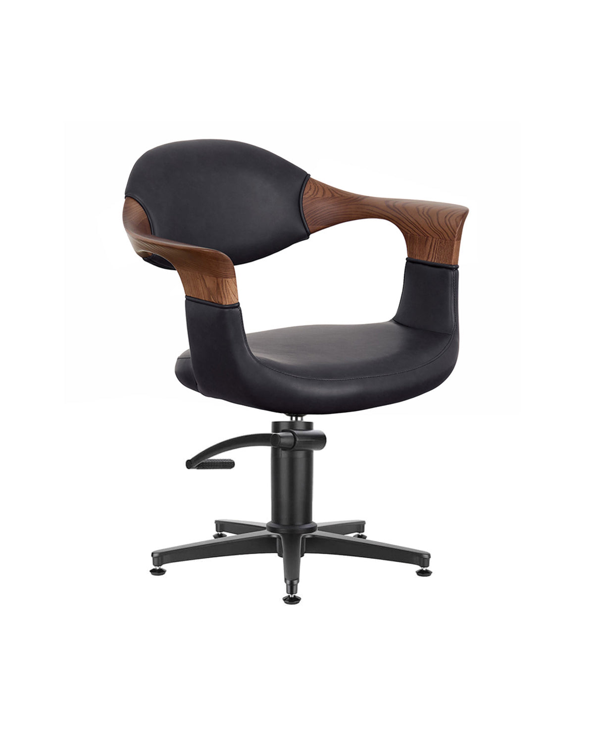 Oakley Midnight - Gray styling chair with black cross base and oak armrests