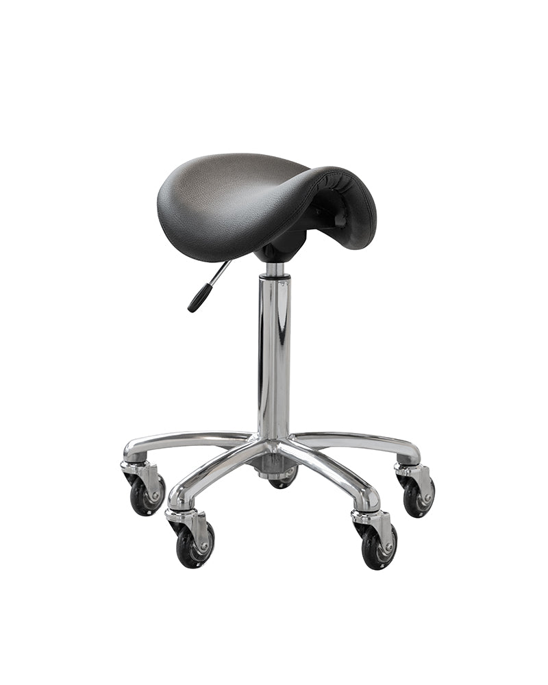 Stella - saddle stool in aluminum with black cover and roller wheels