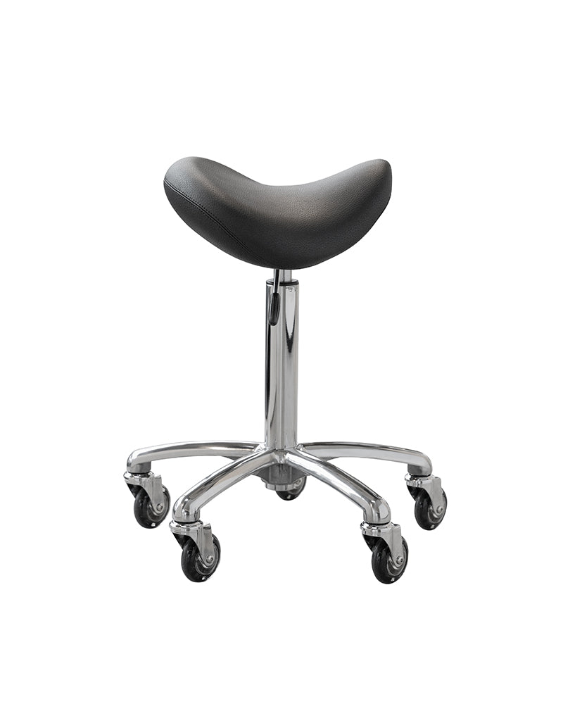 Stella - saddle stool in aluminum with black cover and roller wheels
