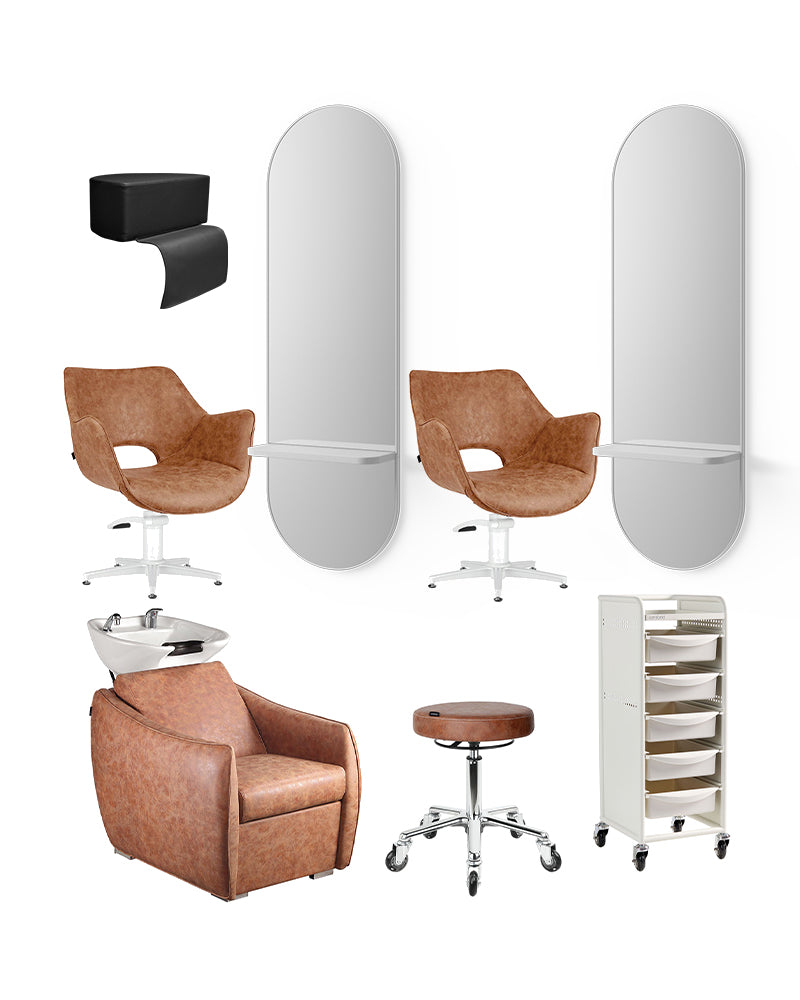 Tan white hairdresser starter kit - with 2 styling stations, 1 washing station, and equipment